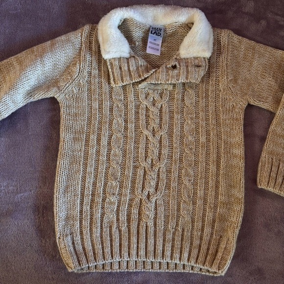 Little Lad Boys Tan Cable Knit Sweater Faux Fur Collar Elbow Patches 4T - Picture 3 of 5